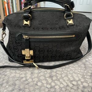 Michael Kors Black Monogram Satchel with Gold Hardware